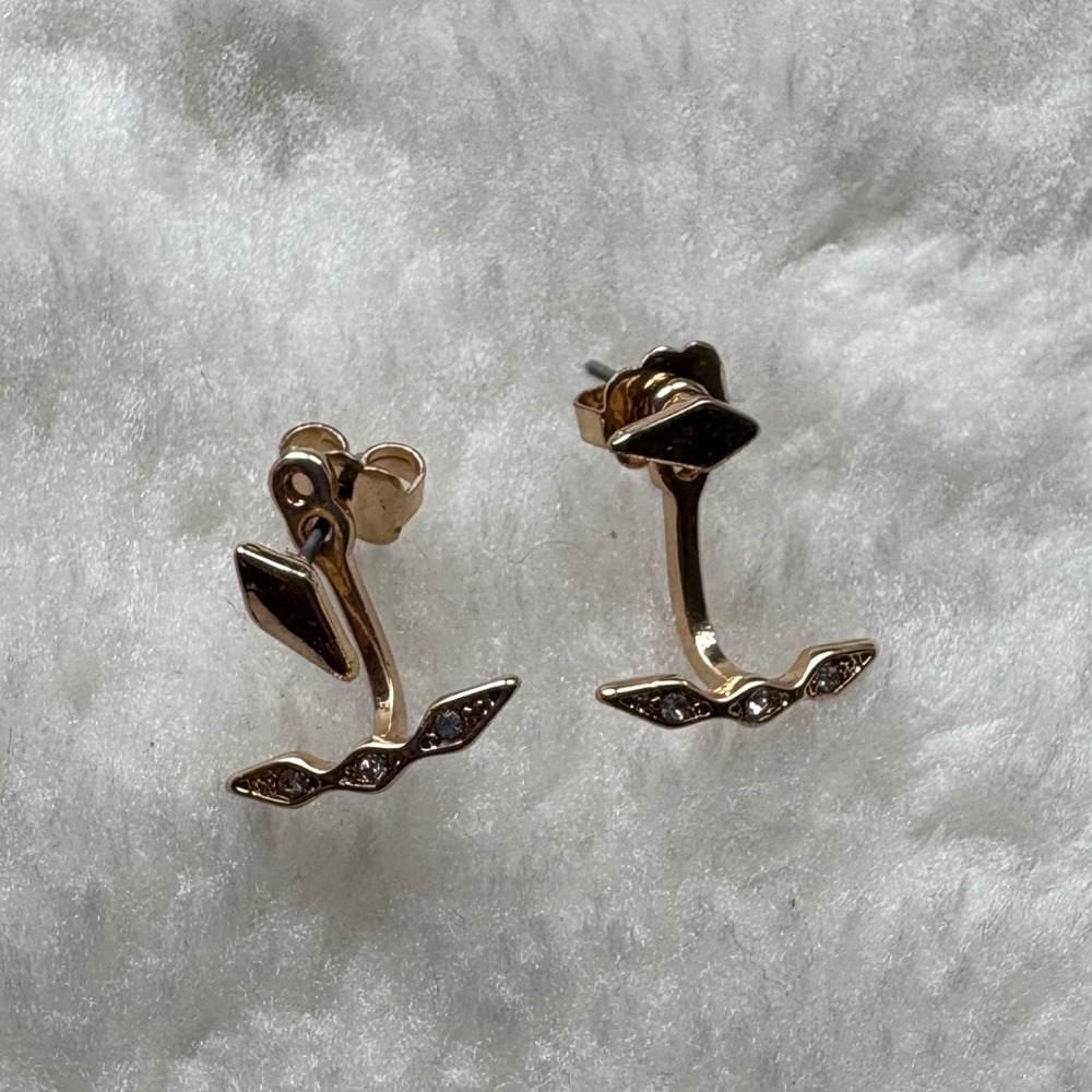 Gold Tone Ear Jacket Earrings With Rhinestone‎ Accent, Stud Earring Back
